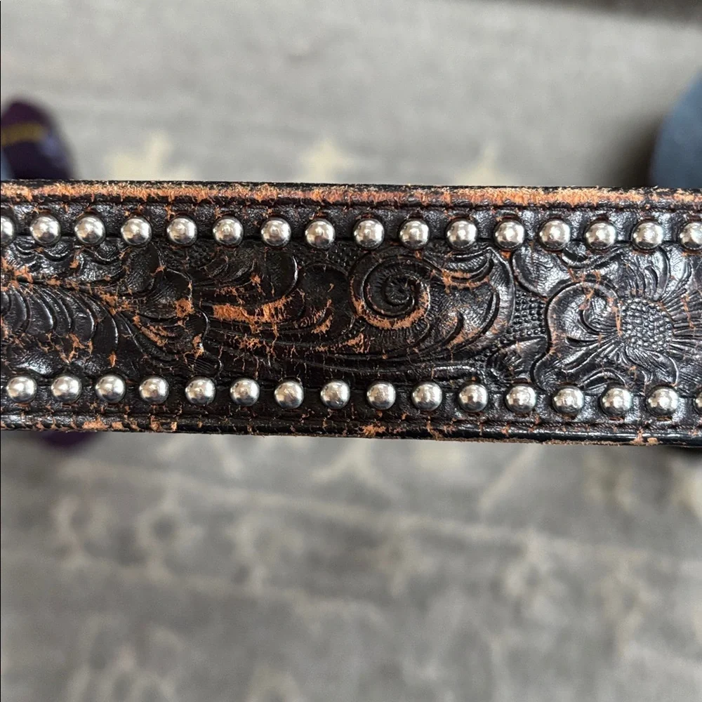 Vintage Brown Leather Tooled Silver Studded Western Belt Men’s Size 38